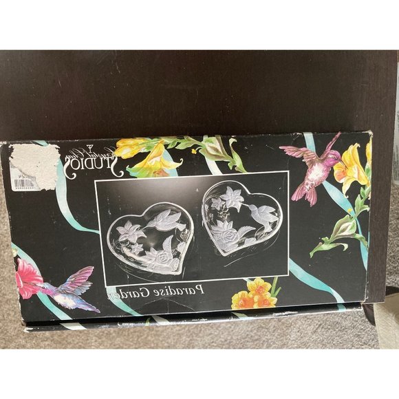 NIB CLEAR & FROSTED GLASS HUMMINGBIRD HEART- Shaped Dish Bowls Trinket Candy 6” - Picture 5 of 6